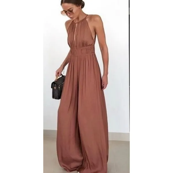 Mango Flowy Wide Leg Halter Jumpsuit With Pleated Details in Copper Size Large - Image 6