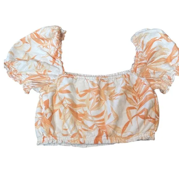 Abercrombie‎ & Fit Puff Sleeve Linen Crop Top Orange Cream Floral Preppy Cottage - Image 3