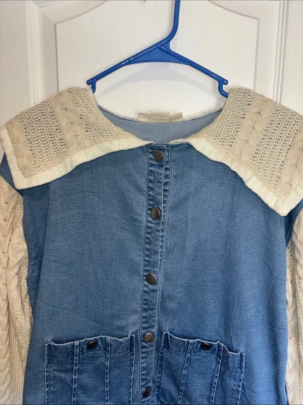 Ruby Rd Brand Blue Stretch Denim With Knit Sleeves And Collar Button Closure - Image 10