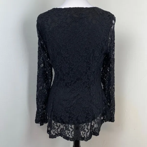 Carmen Marc Valvo Black Lace Long Sleeve Layered Top Medium - Image 5