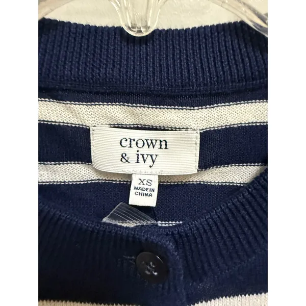 Crown & Ivy XS Navy Cream Stripe Cotton Scallop Hem Button Cardigan NWT - Image 7