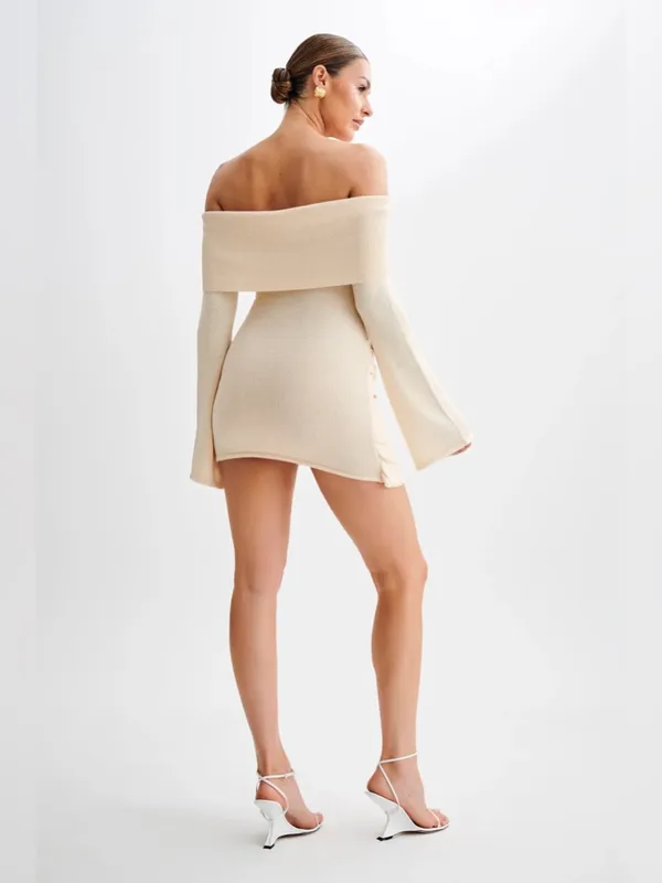 NWT‎ Meshki Camryn Off Shoulder Tie Knit Mini Dress Cream Marle Women’s Size L - Image 2