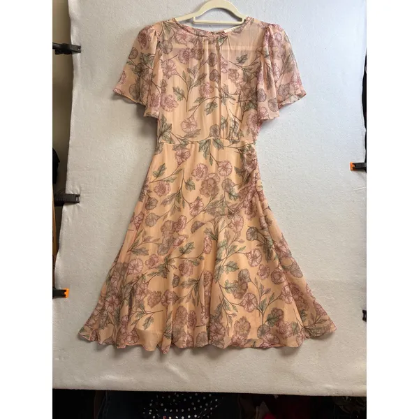 ASTR The Label Peach Floral Flutter Sleeve Metallic Stripe Midi Dress XS Womens - Image 3