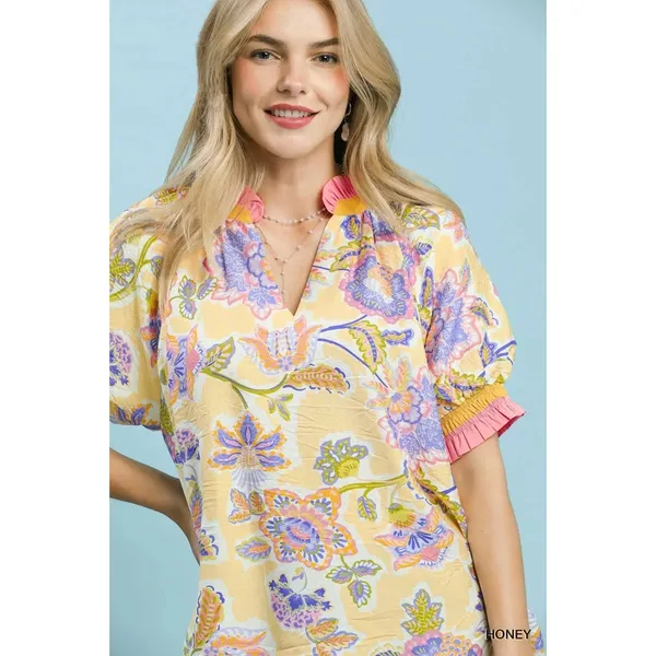 Umgee Floral Print Ruffled Short Sleeve Top - Medium - Image 5