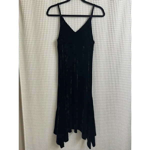 Leith Crushed Velvet Midi V Neck Flared Hem Black Cocktail Dress Extra Small - Image 8