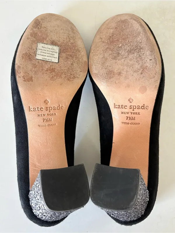 Kate Spade Black Suede Pumps Sparkling silver glitter Block Heel Womens Size 7.5 - Image 8