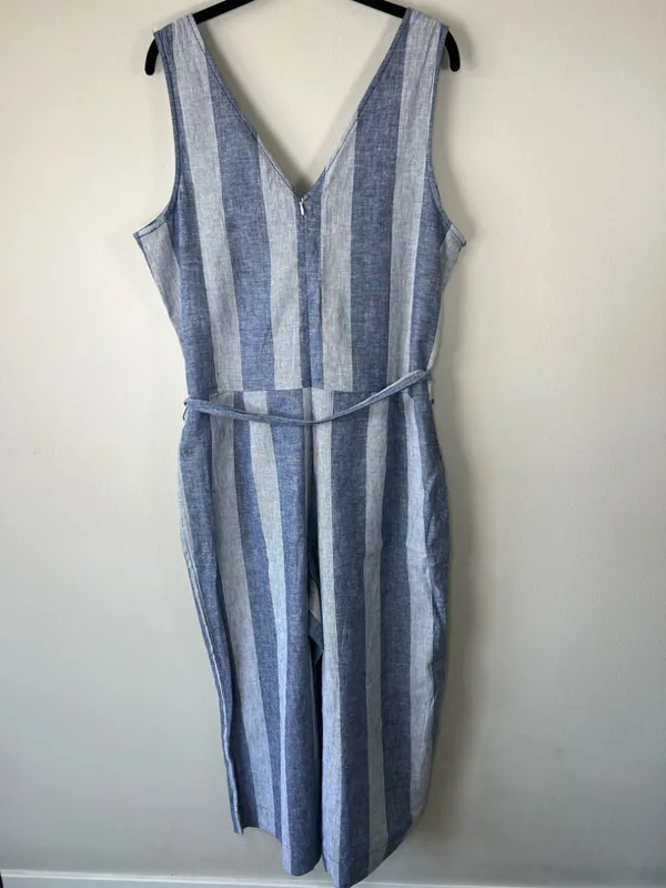 Beach Lunch Lounge Linen Blend Cropped Jumpsuit Blue Stripe Wide Leg Coastal Lg - Image 9