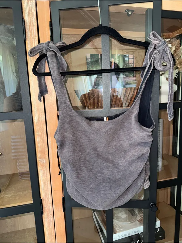 Free People boulevard tank top cropped ruched tie straps bow ribbed acid wash - Image 10