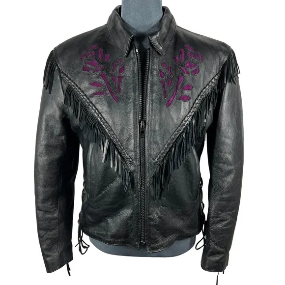 UNIK Leather Fringe‎ Biker Jacket Small Black Purple Rose Inlay Motorcycle Goth - Image 14