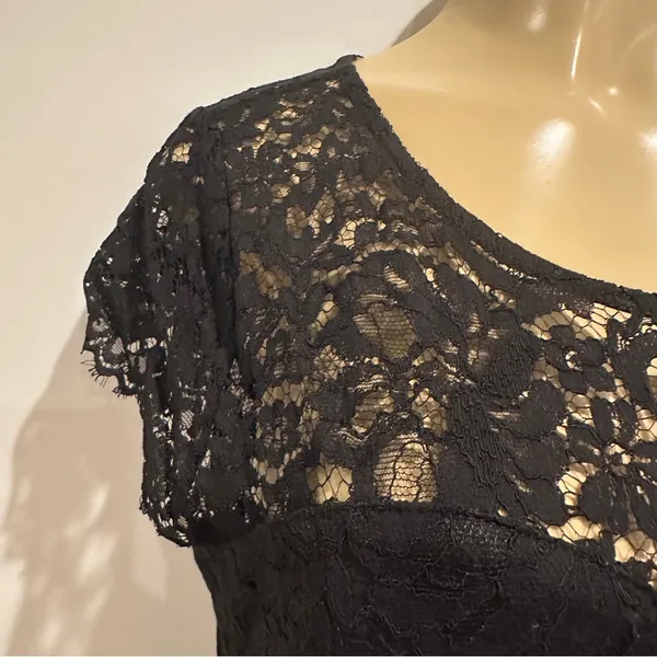 Miusol Black Floral Lace Cap Sleeve Belted Maxi Dress Sz L Formal Chiffon - Image 3