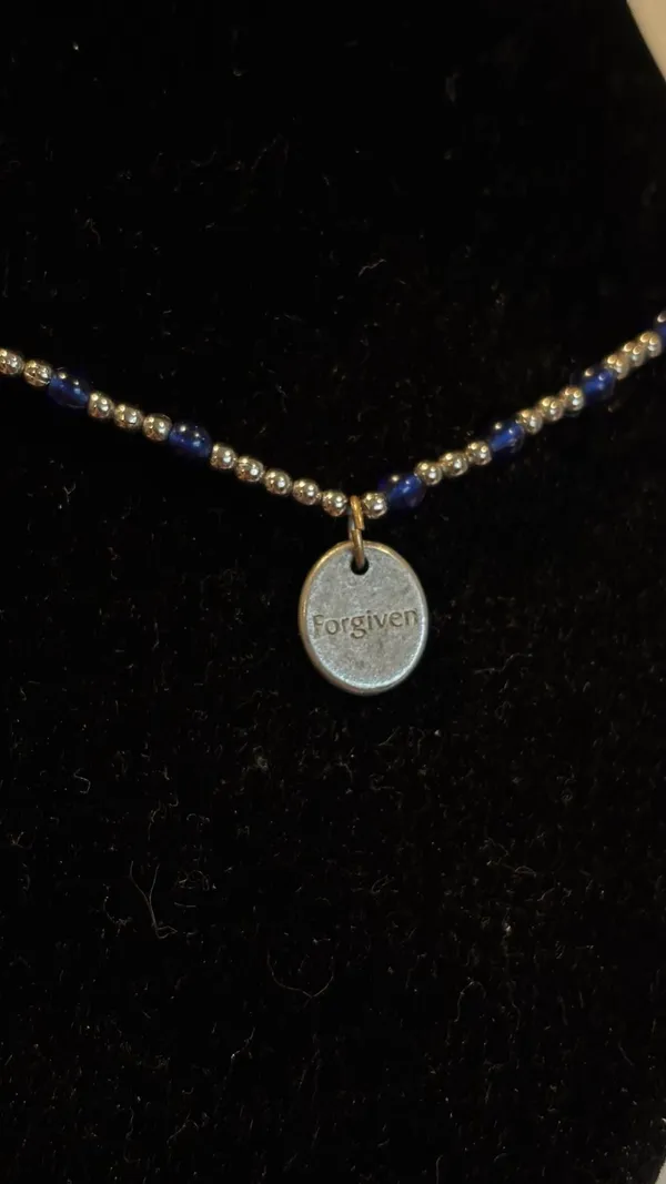 Forgiven Cross Charm Necklace with Blue Beaded Chain - Image 6