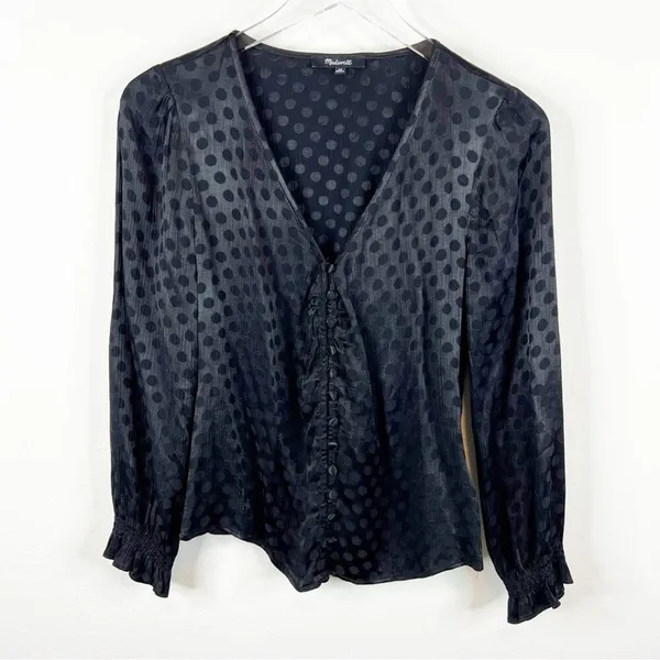 Madewell Smocked Sleeve V-Neck Woven Dot Blouse Women's 00 Black Minimalist Chic - Image 2