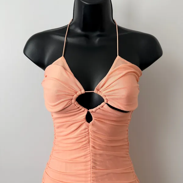 Oh Polly sz 4 Peach‎ Ruched Halter Cutout Mesh Bodycon Mini Dress Party - Image 2