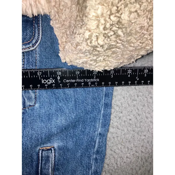 Topshop Denim Jacket Womens 6 Small Blue Cream Borg Fleece Mixed Media Trucker - Image 5