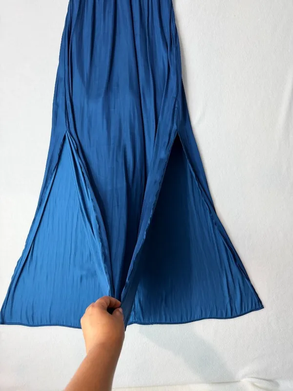 H&M dark teal satin maxi dress minimalist slip with slit and open back vibe 2 - Image 4