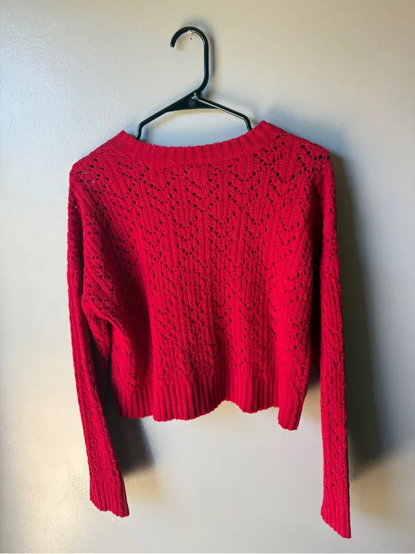 American Eagle Red Open Knit Cropped Sweater XS - Image 5