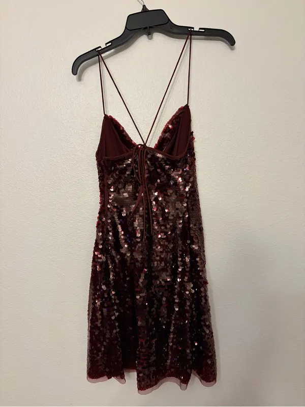 Wild Fable Medium Womens Dress NWT Burgundy Sequin Open Back Lace Up Mini - Image 2