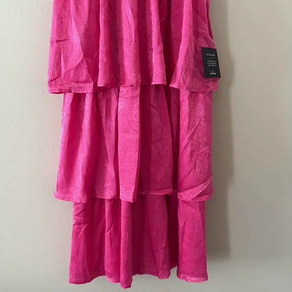 New Lulus Peak‎ Party Vibe Hot Pink Satin Tiered Tie-Back Midi Dress Size S - Image 5