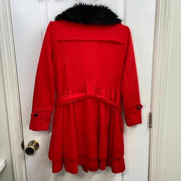 Yiyigiao red cotton faux fur collar peacoat button tiered belted coat XS small‎ - Image 8