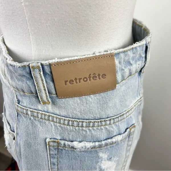 Retrofête Maeve Distressed Denim Mini Skirt Asymmetric Light Wash L - Image 9