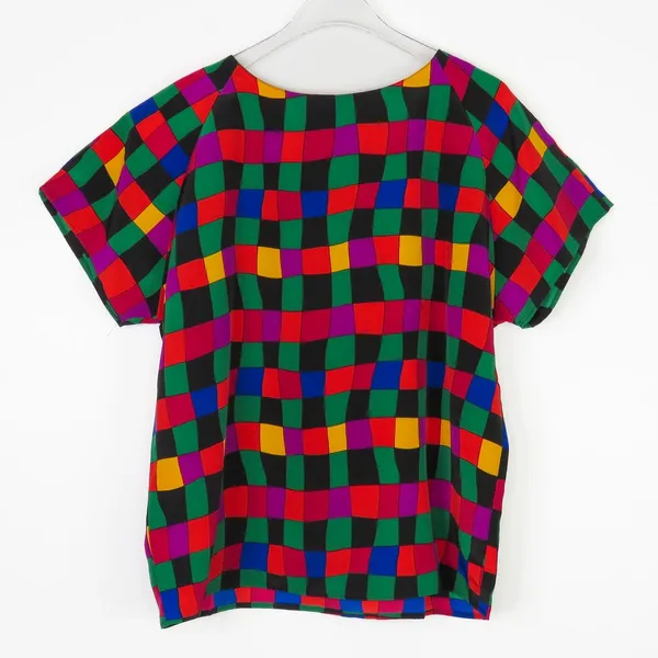 Impressions 1980s Vintage Rainbow Checkered Short Sleeve Blouse Retro Medium - Image 5