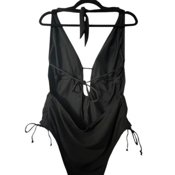 Black Plunge Tie Side‎ Ruched One Piece Swimsuit Adjustable Bathing Suit XS - Image 3