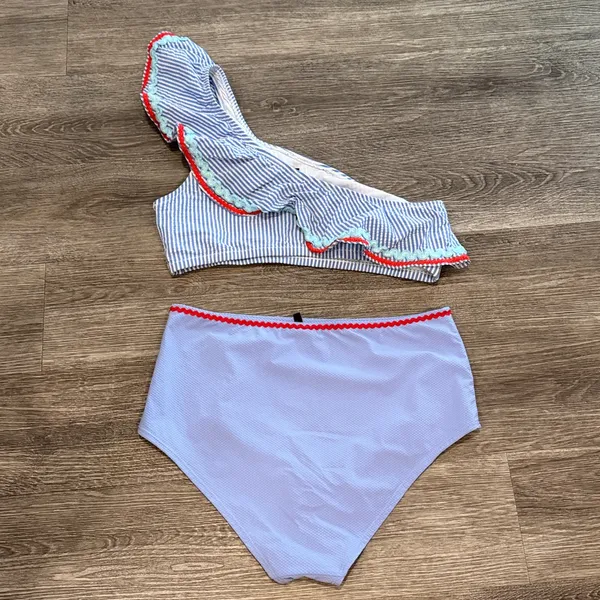 J. Crew seersucker one shoulder ruffle bikini set high waisted blue white Medium - Image 5