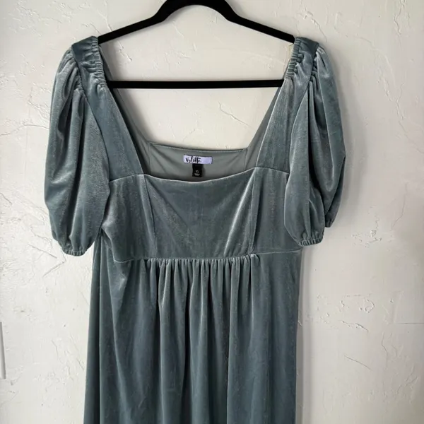 Vyllete Velvet Puff Slv Square Neck Babydoll Dress Teal XL Party Holiday‎ Winter - Image 3