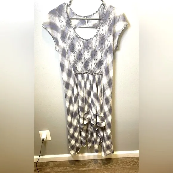 Free People India Gauze Marina‎ Cream Blue Hi-Low Embroidered Dress Size Small - Image 3
