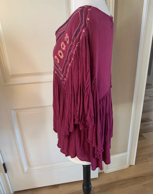 Flowy Maroon Hippie Top Embroidered Top Batwing Shirt Womens M Earthy - Image 6