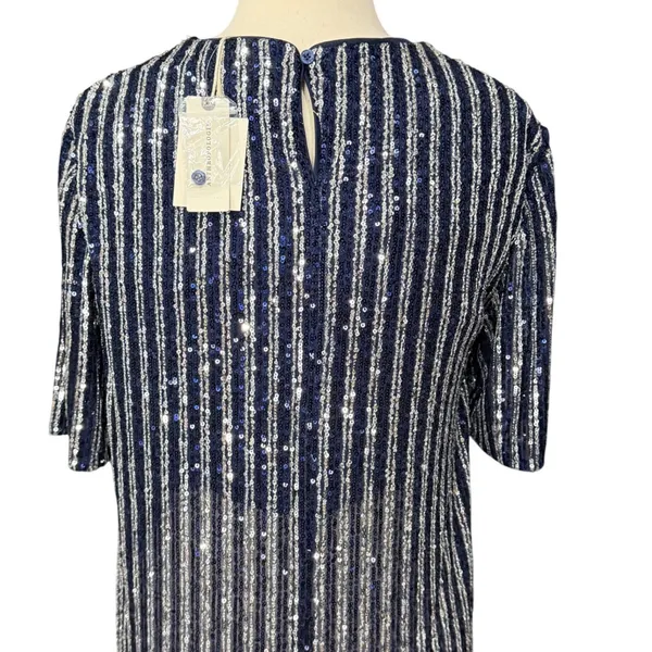 Anthropologie Flat White Sequin Stripe Midi Dress Womens M Blue Evening Cocktail - Image 6