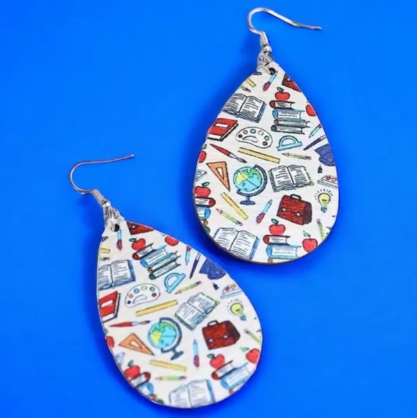 Teacher School Theme Waterdrop‎ Shaped Double-sided Print Wooden Earrings - Image 3