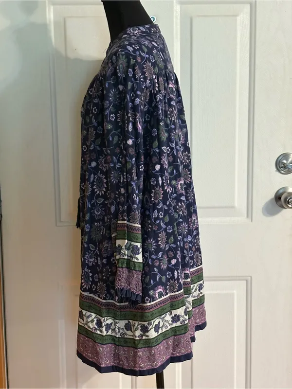NATURAL LIFE Navy Floral Boho Tie-Neck Long Sleeve Tunic Dress size Small - Image 3