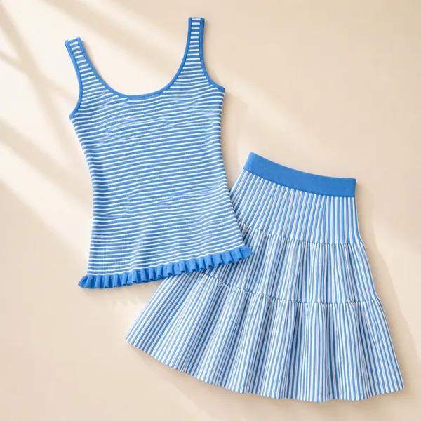 Free Assembly Blue White Striped Knit Tank Ruffle Top Tiered Mini Skirt Set‎ S - Image 3