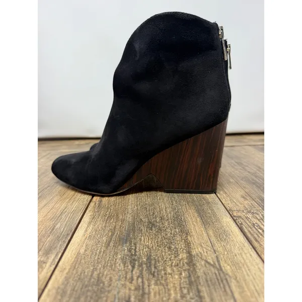 Diane von Furstenberg Black Suede V-Cut Wedge Ankle Boots Wood Heel 8.5M 38.5 - Image 9