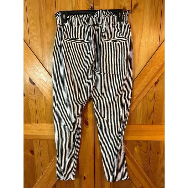 Billabong Black Flowy White Stripe Pull On Pants Ruffled Waist Size Medium (8996 - Image 5