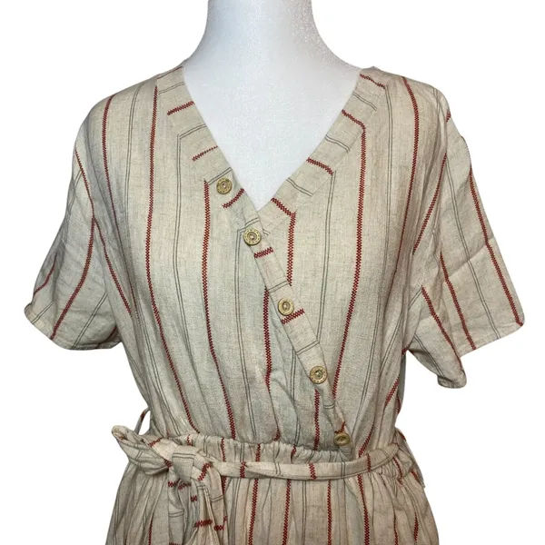 Lake Flower Striped Midi Dress Casual Button Front with Belt Size‎ L Linen Blend - Image 2