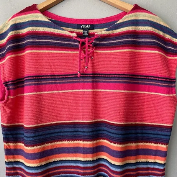 Chaps Linen Blend Top Size XL Lace Up Stripe Sleeveless Lightweight Sweater Tank - Image 3