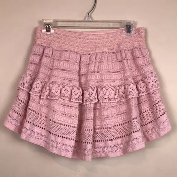Aerie Women’s Pink Crochet Lace Elasticized Waist Tiered Mini Skirt - Image 3