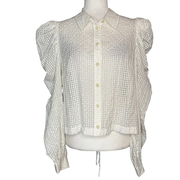 Maeve Anthropologie M White Gingham Seersucker Button-Front Long Puff Sleeve - Image 3