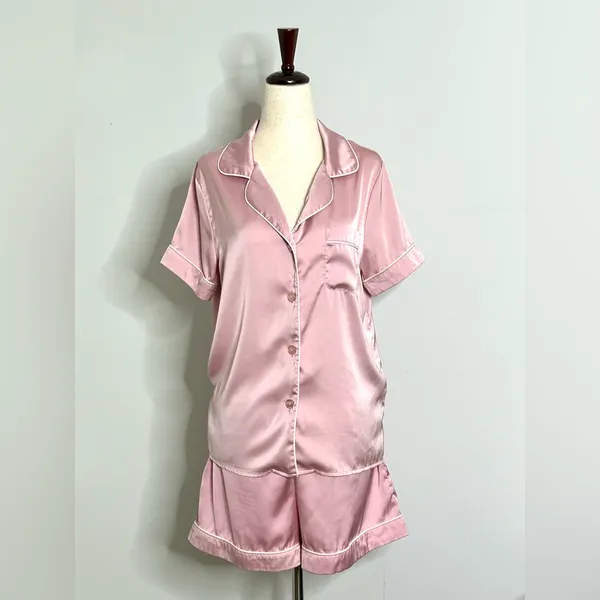 Pink Satin Pajama Set by Kennedy Blue, Button Front Shirt and Shorts size Medium - Image 3