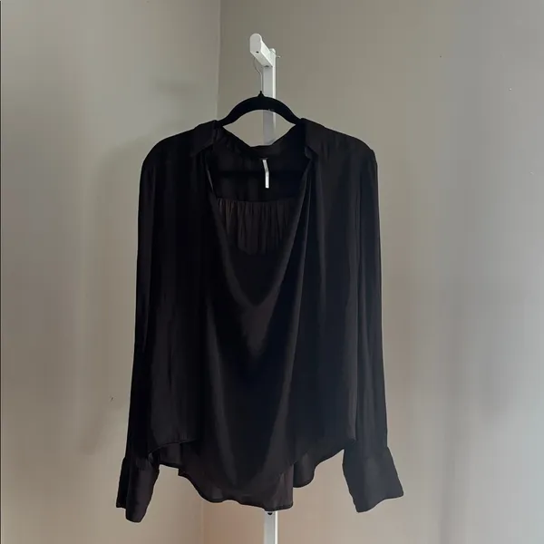 Free People Shine Bright Cowl Neck Oversized Blouse Midnight Brown Size Large - Image 3