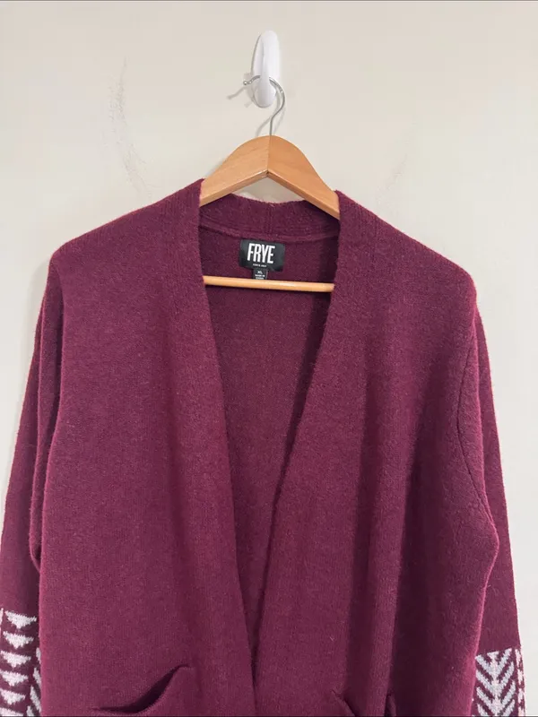 Frye Burgundy Open Front Long Sleeve Geometric Patterned plush Long Cardigan XL - Image 4