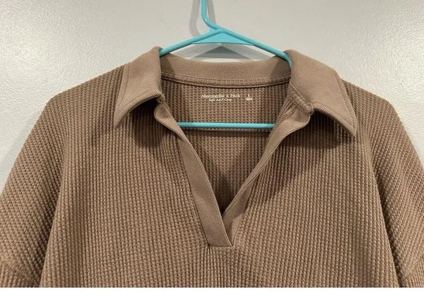 Abercrombie & Fitch Essential Tan Long Sleeve Waffle Polo Small S - Image 2