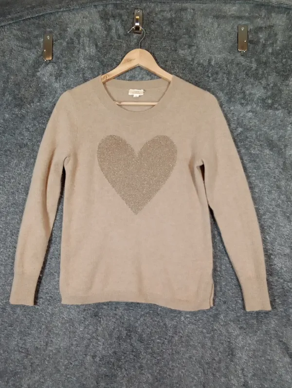 J Crew Cashmere Crewneck Sweater With Lurex Metallic Heart Neutral Fitted Small - Image 4