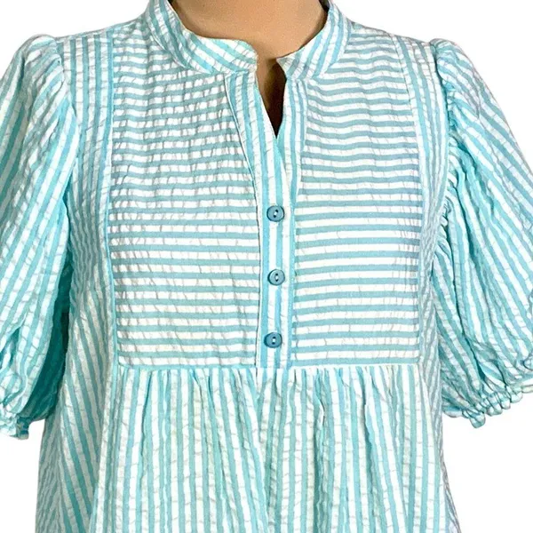 &merci Aqua White Striped Seersucker Tiered Mini Dress S Half Button Puff Sleeve - Image 3