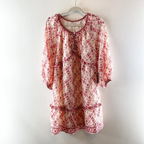 Max Studio Keyhole Long Sleeve Floral Tiered Mini Dress Pink White Small - Image 2