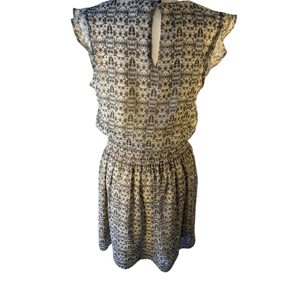 Black and White Printed Midi Dress with Shirred Waist - Image 5