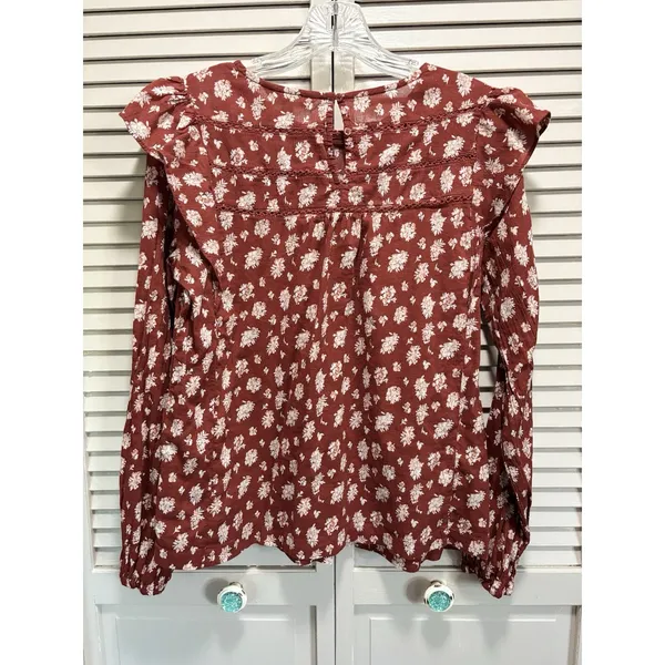 Dip Rust/White Floral Crochet Long Sleeve Blouse Size M Keyhole Ruffle‎ Boho - Image 5
