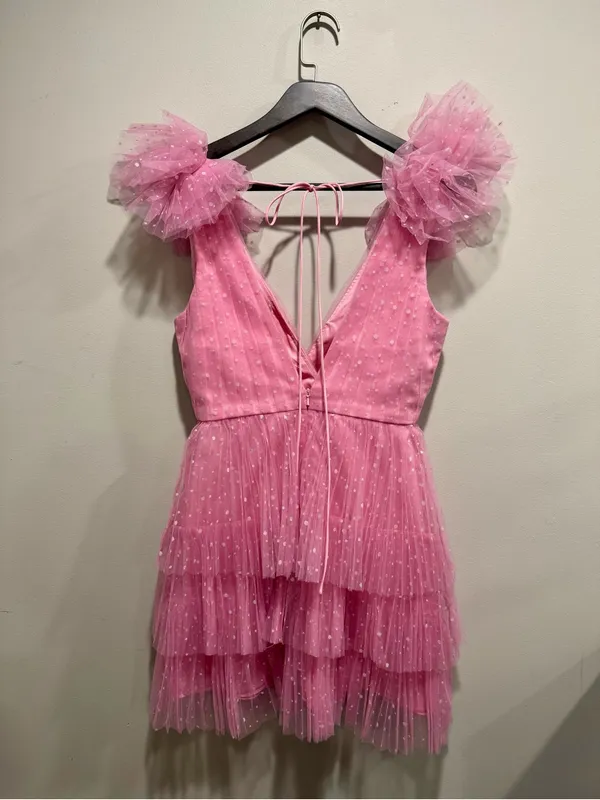 ML Monique Lhuillier Bubble Gum Pink Dotted Tulle Ruffle Mini Dress 2 - Image 4